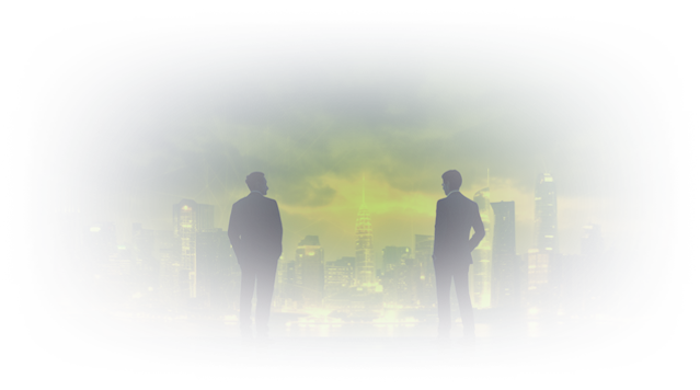 Digital image of 2 business poeple standing in front of a window overlooking a city