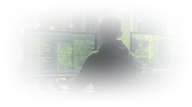 Digital image of a person sitting and typing on a computer, with screens displaying coding