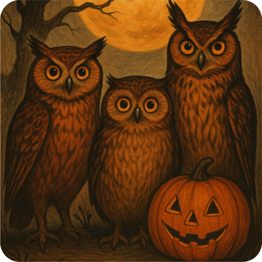 Digital image of 3 robotic owls standing together